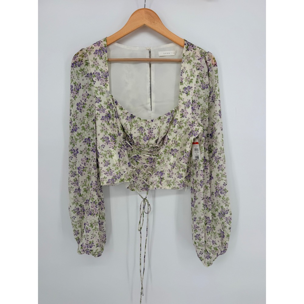 Lush Floral Lace Up Corset Top Large Lilac‎ Purple Long Sleeve Cottagecore Fairy